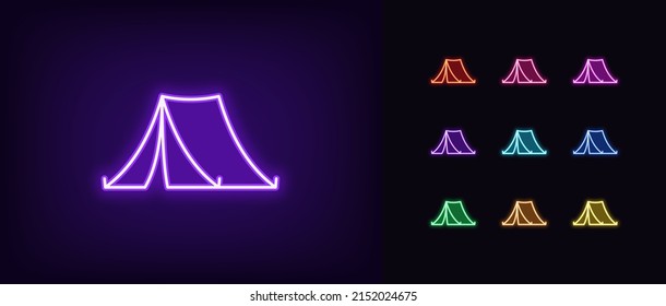 Outline neon camping tent icon. Glowing neon tent silhouette, camp pictogram. Camping shelter, hiking tourism, campsite location, outdoor recreation and weekend adventure. Vector icon set for UI