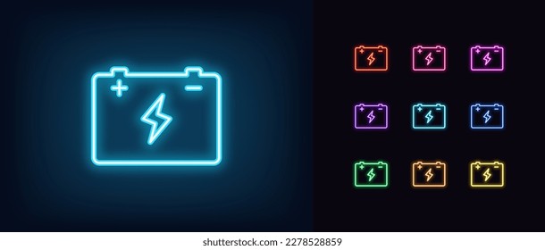 Umriss der Neonkarosserie-Ikone. Glühende Neonkarosserie mit Blitzzeichen, Piktogramm für elektrische Akkumulatoren. Fahrzeugbatterie, Elektrogenerator, Ladestation, Auto-Service. Vektorsymbol-Set