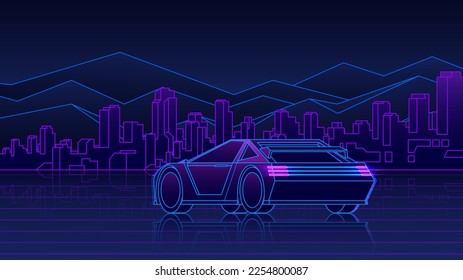 Outline neon car rear view ride to the skyscraper city in an arcade game 80s style.