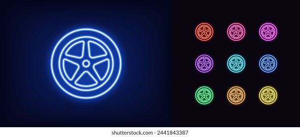 Outline neon car wheel icon set. Glowing neon car tire with rim. Car tyres shop, wheel balancing and vehicle service, racing tires, sport car wheels, automobile rim repair, rally race. Vector icon set