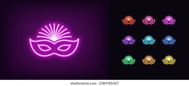 Outline neon carnival mask icon set. Glowing neon Carnival mask sign with feathers. Festival costume and face decoration. Facial mask for Brazil carnival, Mardi Gras, Venice masquerade. Vector icons