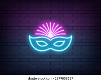 Outline neon carnival mask icon, blue purple. Glowing neon Carnival mask sign with feathers on brick wall. Festival costume and face decoration. Face mask for Venice masquerade. Vector icon