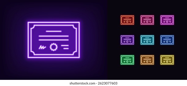 Contornar o ícone do certificado do néon. Ícone de documento de diploma de néon brilhante, certificado digital. Licença oficial, certificado de qualificação, bolsa, grau de educação profissional conquista. Conjunto de ícones de vetor