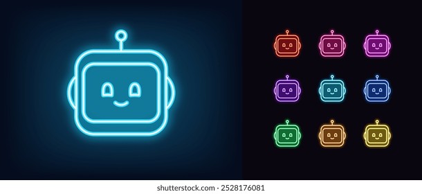 Umreißen des neon chat bot Icon Sets. Leuchtendes Neonrobotergesicht mit süßem Lächeln. Freundlicher virtueller Assistent, intelligenter Bot mit KI-Algorithmen, Chatbot-Technologie für Geschäftsaufgaben, digitaler Helfer. Vektorsymbole