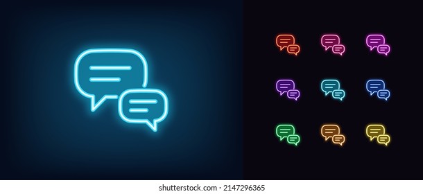 Outline Neon Chat Icon. Glowing Neon Speech Bubble, Text Message Pictogram. Live Chat And Discussion, Online Conversation And Dialogue, Private Group And Channel. Vector Icon Set, Symbol For UI