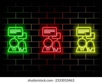 Outline neon chat icon. Glowing neon speech bubble, text message pictogram. Live chat and discussion, online conversation and dialogue, private group and channel. conversation between two people. Gree