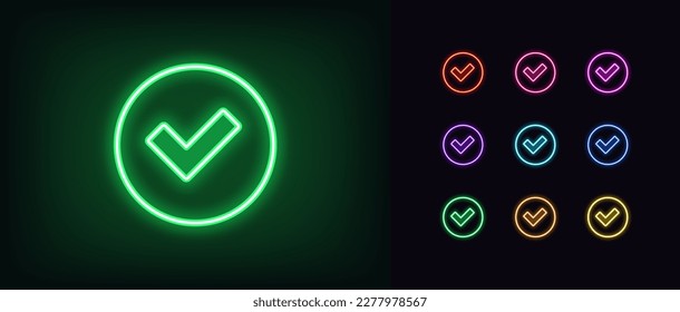 Outline neon check tick icon. Glowing neon checkmark sign, tick approve pictogram. Correct and true select, confirmation check mark, verification tick, right choice, checklist. Vector icon set