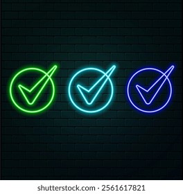 Outline neon check tick icon. Glowing neon checkmark sign, tick approve pictogram. Correct and true select, confirmation check mark, verification tick, right choice, checklist. Vector icon set.