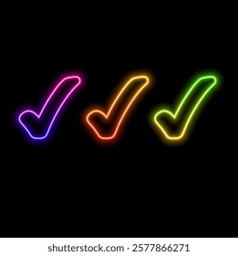 Outline neon check tick icon set. Glowing neon checkmark sign, tick approve pictogram. Correct and true select, confirmation check mark, verification.