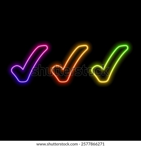 Outline neon check tick icon set. Glowing neon checkmark sign, tick approve pictogram. Correct and true select, confirmation check mark, verification.