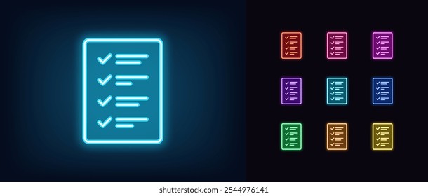 Contornar conjunto de ícones de lista de verificação de néon. Néon brilhante para fazer lista com carrapatos, página de pesquisa preenchida. Documento de lista de verificação, lista de tarefas de trabalho concluídas, plano e relatório de negócios concluídos, questionário preenchido. Ícone de vetor