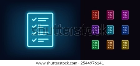Outline neon checklist icon set. Glowing neon to do list with ticks, filled survey page. Checklist document, completed work tasks list, done business plan and report, filled questionnaire. Vector icon