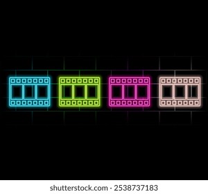 Esquema de neón clapperboard icono. Tablero de alfombra de neón brillante con signo de juego. Editor de cine, producción de vídeo, rodaje de películas, grabación de Clips musicales. Estudio de rodaje, editor multimedia. Conjunto de iconos de Vector.