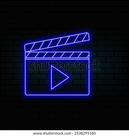 Outline neon clapperboard icon. Glowing neon clapper board with play sign. Cinema editor, video production, movie shooting, music clip recording. Filmmaking studio, multimedia editor. Vector icon set.