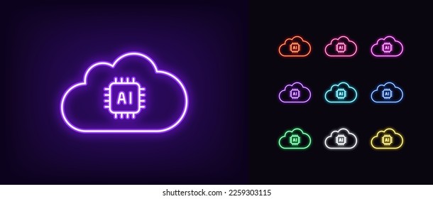 Outline neon cloud AI icon. Glowing neon cloud frame with AI chip sign, artificial intelligence pictogram. Cloud calculation server, computing and data center, smart algorithm system. Vector icon set