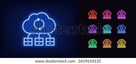 Outline neon cloud server icon. Glowing neon cloud infrastructure for secure data storage, digital space. Cloud computing technology, file datacenter, database update, data backup. Vector icon set