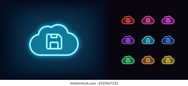 Outline neon cloud storage icon set. Glowing neon cloud with diskette icon, cloud technology and security. Remote data storage, file save backup server, virtual database for safe update. Vector icons