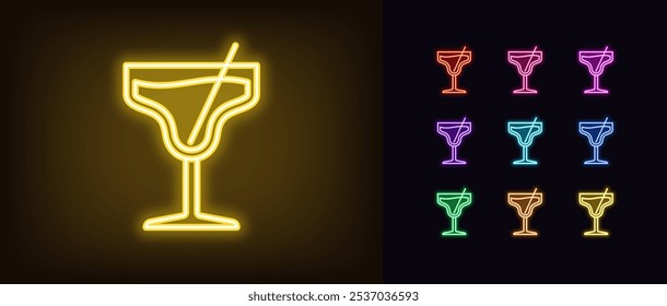 Umriss des Neon-Cocktail-Symbolsatzes. Glühendes Neon-Cocktailglas mit Getränk und Stroh, alkoholische Getränke-Menü. Margarita Cocktail, Getränke-Bar, Relax-Party, Alkohol Getränk, Prost und Urlaub. Vektorsymbol