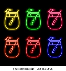 Outline neon cocktail icon set. Glowing neon cocktail glass with drink and straw, alcoholic drinks menu. Margarita cocktail, drink bar, relaxation party, quiet drink, cheering and vacation. vector ico