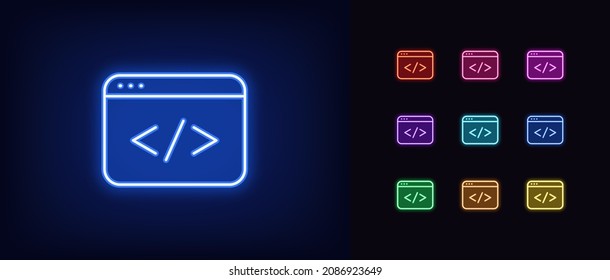 Icono de codificación de neón de esquema. Ventana de aplicación de neón brillante con signo de código, pictograma de desarrollo web. Desarrollo de software y aplicaciones, lenguaje de programación. Conjunto de iconos del vector, símbolo para la interfaz de usuario