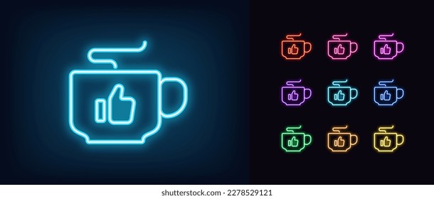 Outline neon coffee cup icon. Glowing neon mug with Like sign, coffee break. Favorite tea, best coffee with thumb up, hot drink cup with aroma, cappuccino, espresso, latte flavor. Vector icon set