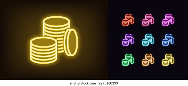 Outline neon coin stack icon. Glowing neon coin pile sign, golden money fund pictogram. Gold coin budget, cryptocurrency and altcoins, currency and credits, jackpot and prize. Vector icon set