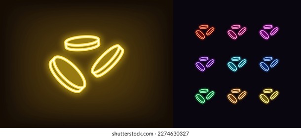 Outline neon coins fly icon. Glowing neon falling coins sign, golden money drop pictogram. Flying gold coins, cryptocurrency and altcoins, currency and credits, jackpot and prize. Vector icon set