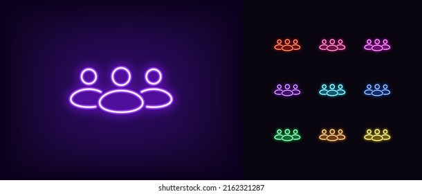 Outline neon community icon. Glowing neon team work and collaboration, social group pictogram. Business club and community, people, teamwork and partnership, company, user audience. Vector icon set