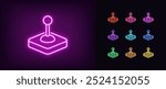 Outline neon control joystick icon set. Glowing neon arcade joystick, game joypad, control lever. Gaming stick handle, retro controller, vintage control console, manipulator handle. Vector icons