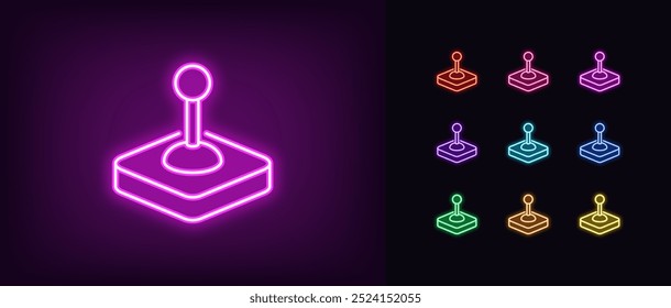 Conjunto de iconos de joystick de control de neón. Joystick arcade de neón brillante, joypad del juego, palanca de control. Manija del palillo del juego, regulador retro, consola de control de la vendimia, manija del manipulador. Iconos del vector