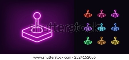 Outline neon control joystick icon set. Glowing neon arcade joystick, game joypad, control lever. Gaming stick handle, retro controller, vintage control console, manipulator handle. Vector icons