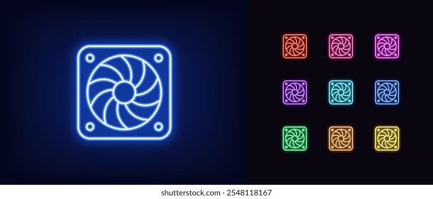 Umriss des Neonkühler-Lüftersymbolsatzes. Leuchtendes Neonlüftersymbol für Luftkühlung und Lüftung im Computer. Kühlsystem, Lüfter, Luftkühler, Lüftung, Lüfter für elektrische Geräte. Vektorsymbole