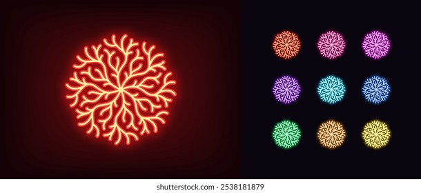 Outline neon coral reef icon set. Glowing neon coral tree icon, geometric pattern of nautical plant. Round coral pattern, coastal coralline seaweed, marine plant branch, submarine nature. Vector icons