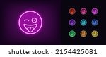 Outline neon crazy emoji icon. Glowing neon silly emoticon with tongue and wink, wacky face pictogram. Funny fool emoji, goofy face, loony emotion, crazy mood. Vector icon set for UI