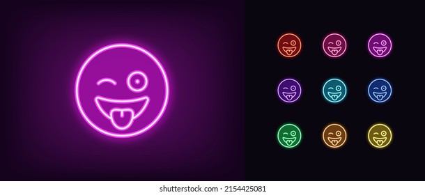 Outline neon crazy emoji icon. Glowing neon silly emoticon with tongue and wink, wacky face pictogram. Funny fool emoji, goofy face, loony emotion, crazy mood. Vector icon set for UI