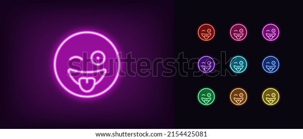 Outline neon
crazy emoji icon. Glowing neon silly emoticon with tongue and wink,
wacky face pictogram. Funny fool emoji, goofy face, loony emotion,
crazy mood. Vector icon set for
UI
