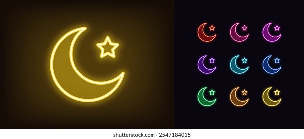 Outline neon crescent icon set. Glowing neon crescent with star, half moon icon. Crescent for Islamic holidays, Ramadan. Magic dream, moon phase and cycle, night and sleep time. Vector icons