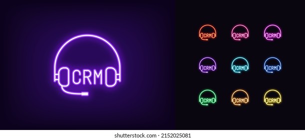 Outline neon CRM icon. Glowing neon sign, Customer relationship management, CRM app pictogram. Manage sales, customer management system, control client contact database. Vector icon set for UI