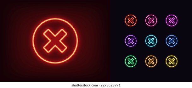 Outline neon cross mark icon. Glowing neon error sign, cancel and reject, X pictogram. Incorrect select, cancel cross mark, disapprove request, notice refuse, wrong answer and mistake. Vector icon set