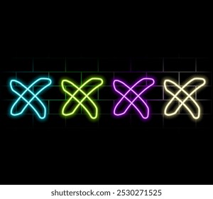 Outline neon cross mark icon. Glowing neon error sign, cancel and reject, X pictogram. Incorrect select, cancel cross mark, disapprove request, notice refuse, wrong answer and mistake. Vector icon set
