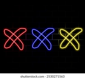 Outline neon cross mark icon. Glowing neon error sign, cancel and reject, X pictogram. Incorrect select, cancel cross mark, disapprove request, notice refuse, wrong answer and mistake. Vector icon set