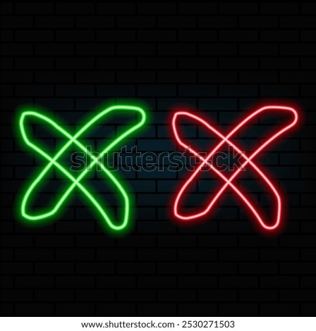 Outline neon cross mark icon. Glowing neon error sign, cancel and reject, X pictogram. Incorrect select, cancel cross mark, disapprove request, notice refuse, wrong answer and mistake. Vector icon set