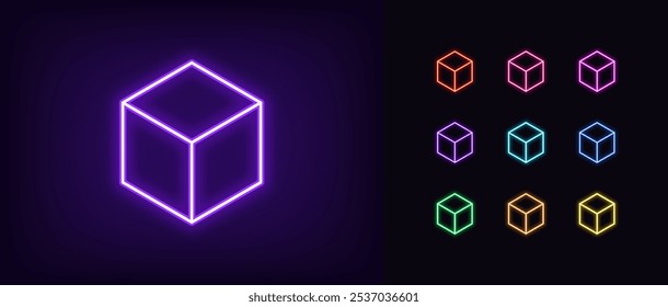 Gliedern Sie das Symbol des Neonwürfels. Glühende Neon isometrische Würfel Drahtgestell, kubische Form, geometrische Figur. Drahtgitter-Quader, quadratisches Blockmodell, kubische Struktur und Form, abstraktes Hexaeder. Vektorsymbole