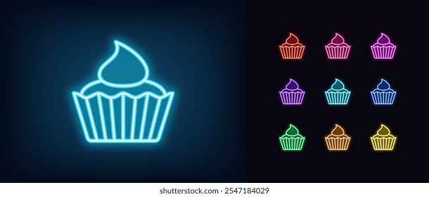 Outline neon cupcake icon set. Glowing neon cupcake with cream, chocolate muffin. Festive dessert, sweet muffin, birthday cake, pastry shop, tasty bakery, confectionery. Vector icons