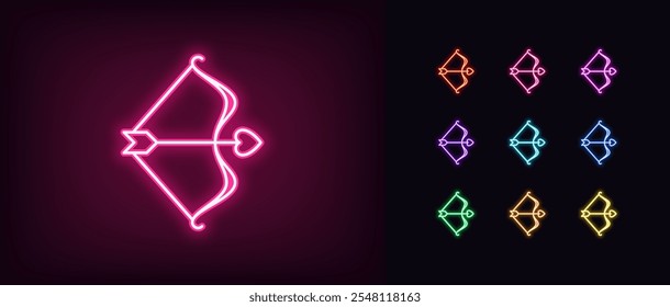 Contorno do conjunto de ícones de arco de neon. Arco de cupido de néon brilhante com seta e ponta do coração. Arqueiro do amor, caçador de coração, seta amour, relacionamento romântico, tiro com arco, alvo do amor, dia dos namorados. Ícones de vetor