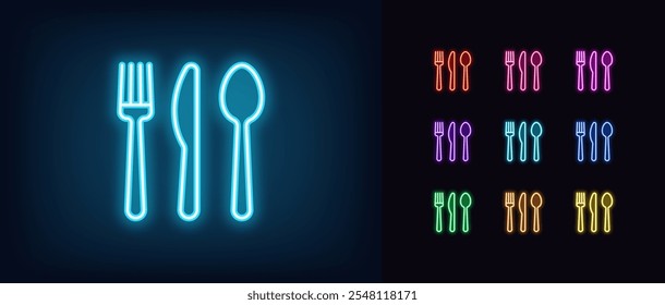 Umriss des neonbesteckten Symbolsatzes. Besteck-Set mit Gabel, Messer und Löffel. Küchengeschirr, Besteck, festliches Abendessen, Restaurant, Esstisch, Kantine. Vektorsymbole