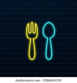 Outline neon cutlery icon set. Glowing neon cutlery set with fork, knife and spoon. Kitchen tableware, cutlery, festive dinner, restaurant meal, dining table, canteen. Vector icons.