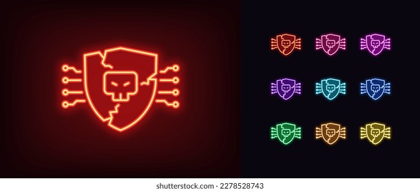 Outline neon cyber attack icon. Breaking of system protection. Destroyed glowing neon shield with skull, damage and cracks. Hack data, cyberattack, hacking risk, danger DDoS attack. Vector icon set