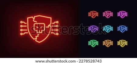 Outline neon cyber attack icon. Breaking of system protection. Destroyed glowing neon shield with skull, damage and cracks. Hack data, cyberattack, hacking risk, danger DDoS attack. Vector icon set