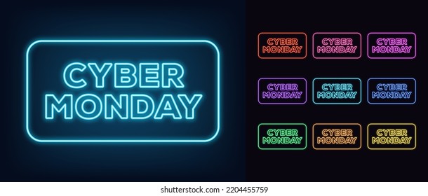 Outline neon Cyber Monday text with frame. Glowing neon Cyber Monday tag for online sale, promo text for social media. Online shopping and discounts. Shop deal and offer. Vector icon set